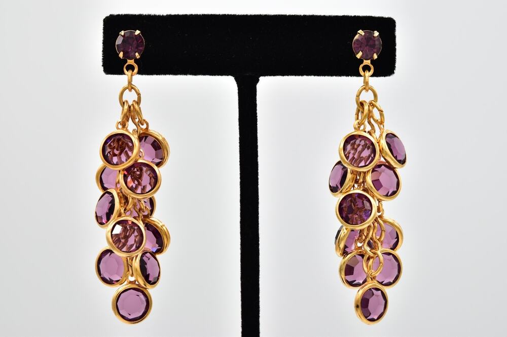 Vintage Purple Open Bezel Crystal Dangle Earrings Gold Chandelier 1980s BinAZ